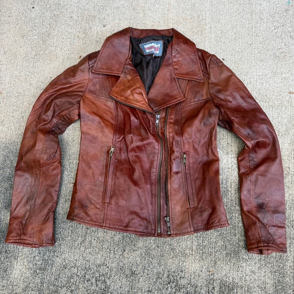 Schegge Leather Jacket Womens 40 Small Brown Distressed Moto Biker Vera Pelle